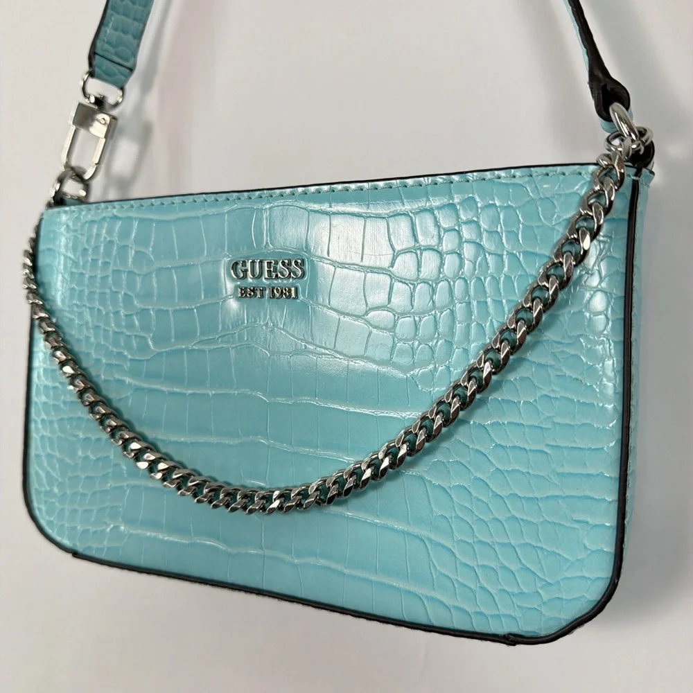 Guess Y2K Light Blue Croc Embossed Shoulder Bag Chain Mini Baguette Purse - Picture 3 of 8